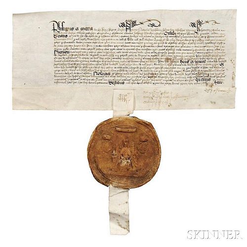 Mary I, Queen of England (1516-1558) Signed Land Deed with Great Seal, c. 1554.