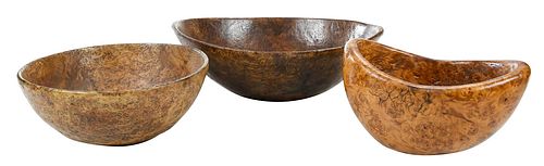 Group of Three Figured Burl Wood Bowls