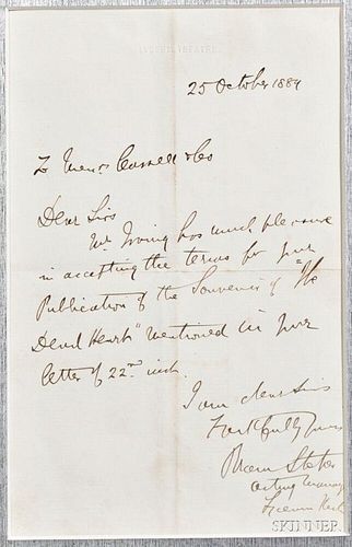 Stoker, Bram (1847-1912) Autograph Letter Signed, 20 October 1889.