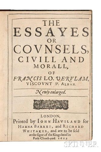 Bacon, Sir Francis (1561-1626) The Essayes or Counsels, Civill and Morall, Newly Enlarged.