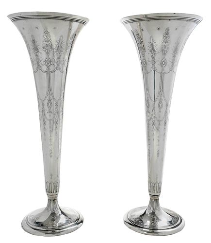 Pair of Tiffany Sterling Trumpet Vases