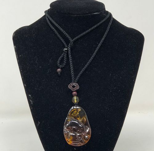 Exquisite 17" Carved Burmese Amber FISH Pendant on Long