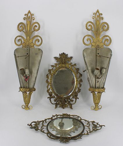 An Antique Pr Of Bronze Sconces, A Mirrored Sconce