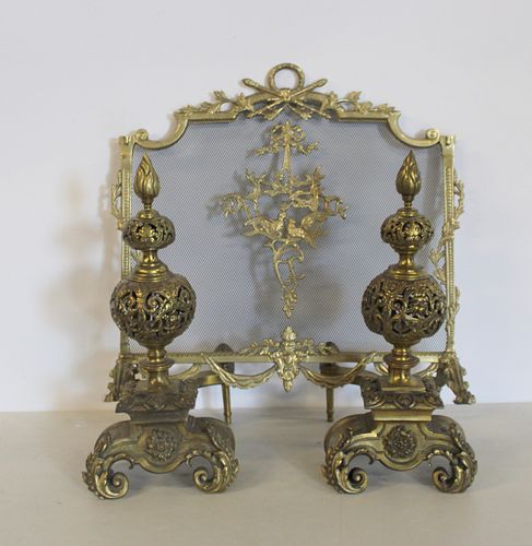 Antique And Fine Quality Bronze Andirons & Fire