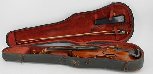Antique Violin In Case With Silver Clad Bow.