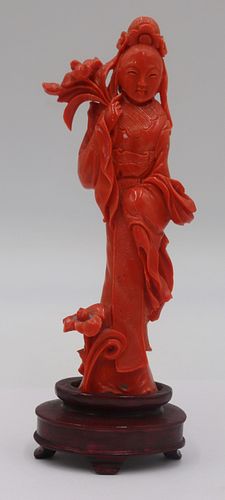 Chinese Carved Coral Standing Quan Yin.
