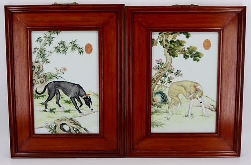 Pair of Signed Chinese Plaques of Dogs.