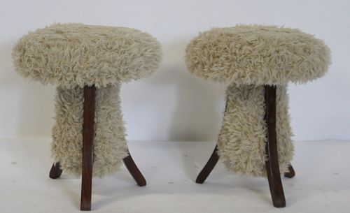 Vintage Pair Of 3 Legged Stools with Wool Type