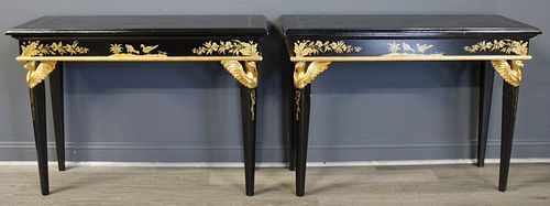 A  Vintage Pr Of Ebonised And Gilt Decorated