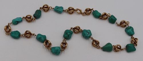 JEWELRY. 14kt Gold and Turquoise Nugget Necklace.
