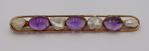 JEWELRY. 14kt Gold, Amethyst and Pearl Bar Pin.