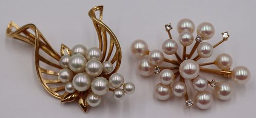 JEWELRY. (2) Pearl and 14kt Gold Brooch, Mikimoto.