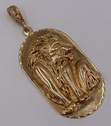 JEWELRY. Signed 14kt Gold Lion Dog Tag Pendant.