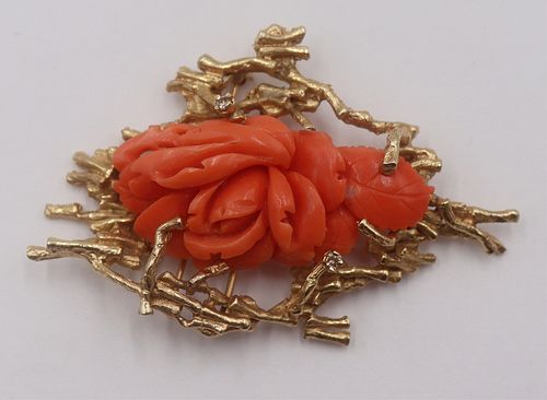JEWELRY. Modernist 14kt Gold and Carved Coral