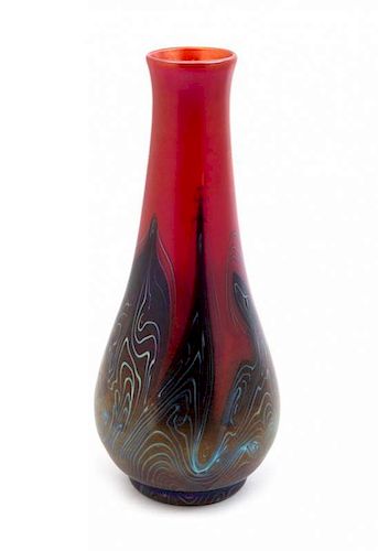 A Tiffany Studios Red Decorated Favrile Glass Vase Height 9 3/4 inches.