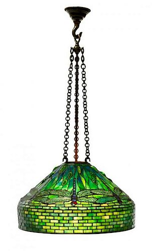 A Tiffany Studios Favrile Glass and Bronze Dragonfly Chandelier Diameter of shade 20 1/2 inches, height overall 36 inches.