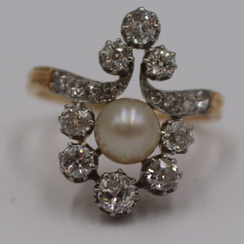 JEWELRY. Antique 18kt Gold, Pearl and Diamond Ring