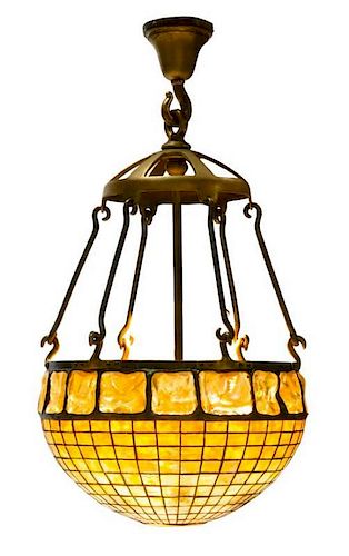 A Tiffany Studios Favrile Glass and Gilt Bronze Geometric Chandelier Diameter of shade 16 inches.
