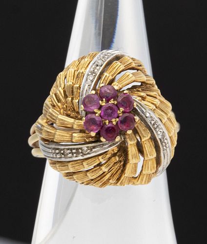 18K Yellow Gold Dome Ruby and Diamond Ring, Italy