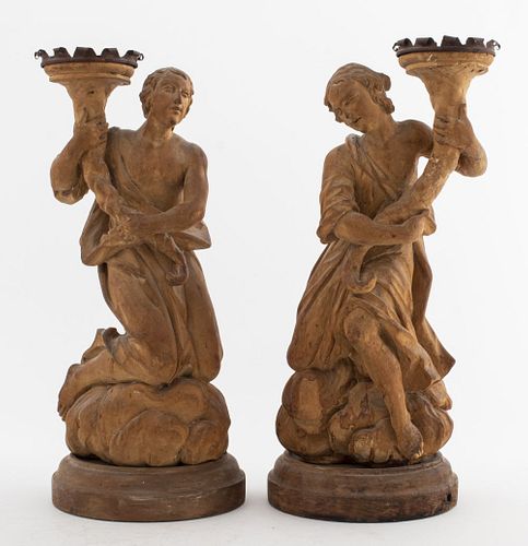 Baroque Style Carved Figural Candlesticks, Pair