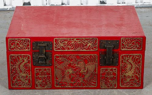 Chinese Red Storage Trunk With Gilt Medallions