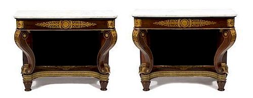 A Pair of Philadelphia Gilt Stencil Decorated Rosewood Pier Tables Height 34 3/4 x width 44 x depth 17 3/4 inches.