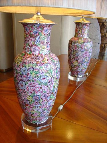 Pair of Chinese Painted Enamel Millefleurs Lamps on