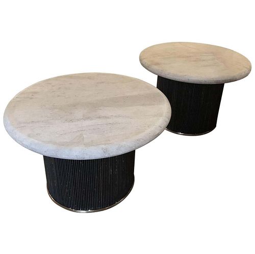 Round Travertine and Steel Pair of Large Side Tables