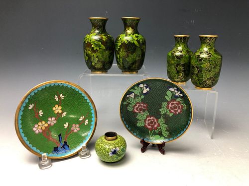 A Group of 7 Green Ground Cloisonne Pieces