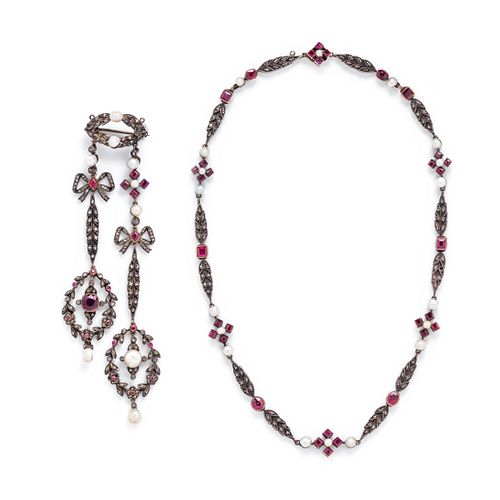 FRENCH, ANTIQUE, SILVER-TOPPED GOLD, RUBY, PEARL AND DIAMOND SET