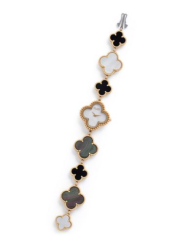 VAN CLEEF & ARPELS,   MOTHER-OF-PEARL AND ONYX 'ALHAMBRA' WRISTWATCH