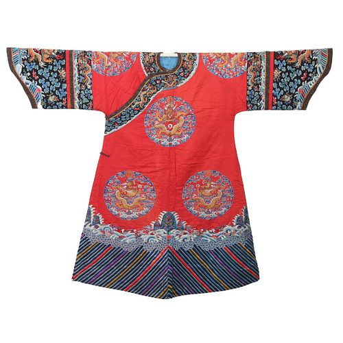 A RED-GROUND EMBROIDERED 'DRAGONS' ROBE