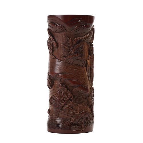 A CARVED WOOD 'FIGURES' BRUSHPOT
