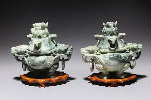 Pair of Chinese Carved Harsdstone Covered Censers