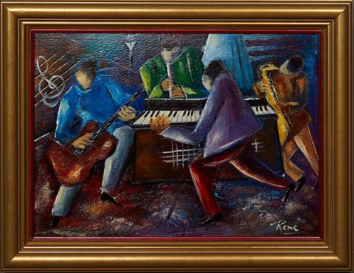 Rene Ragi (New Orleans/Egypt), "Jazz Musicians," 20th c., oil on board, signed lower right, presented in a gilt frame, H.- 9 1/2 in., W.- 13 1/4 in., 