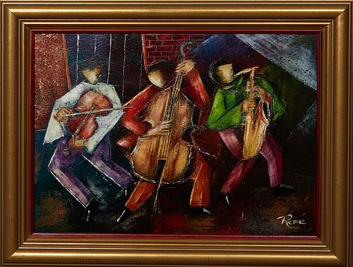Rene Ragi (New Orleans/Egypt), "Jazz Trio," 20th c., oil on canvas, signed lower right, presented in a gilt frame, H.- 9 1/2 in., W.- 13 1/4 in., Fram