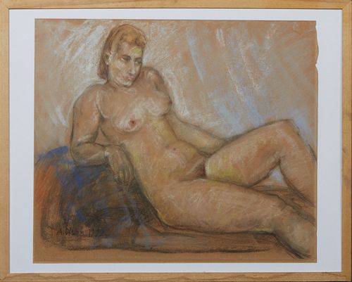 A. Olson (American), "Reclining Nude," 1942, pastel on paper, signed and dated lower left, presented in a wood frame, H.- 21 3/4 in., W.- 25 1/4 in., 
