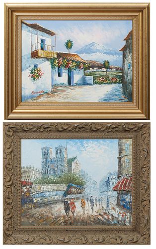 In the Manner of Caroline Burnett (1877-1950, American), "View of Notre Dame," 21st c., oil on canvas, signed lower right, presented in a carved wood 