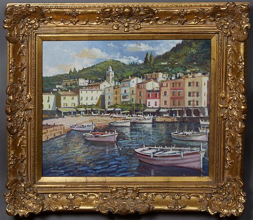 Torregassa (Spain), "Portofino, Italy," 20th c., oil on canvas, signed lower left, with gallery receipt en verso, presented in a gilt frame, H.- 19 1/