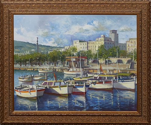 Torregassa (Spain), "Spanish Harbor Scene," late 20th c., oil on canvas, unsigned, presented in a gilt frame, H.- 22 in., W.- 28 1/4 in., Framed- H.- 