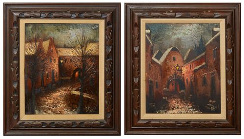 M. Rijke, "Road Through the Town" and "The Town at Night," 20th c., pair of oils on canvas, signed lower right, presented in wood frames, H.- 19 1/4 i