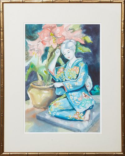Judith Dazzio (1942-, Louisiana/Florida), "Seated Geisha," 20th c., watercolor on paper, signed lower right, presented in a gilt bamboo style frame, H