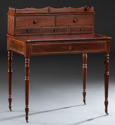 French Louis Philippe Style Inlaid Walnut Writing Table, the superstructure back with a 3/4 serpentine gallery, over two deep drawers above three shal