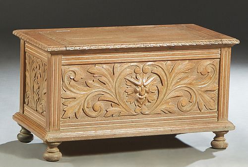 Continental Carved Oak Bedding Box, early 20th c., with leaf carved sides and a leaf and lion carved front panel, on a plinth base on bun feet, H.- 20