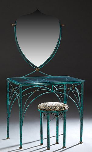 Mario Villa (1953-2021, Nicaragua/New Orleans), Patinated Steel Dressing Table, and Circular Stool, 20th c., the shield shaped swivel mirror over a gl