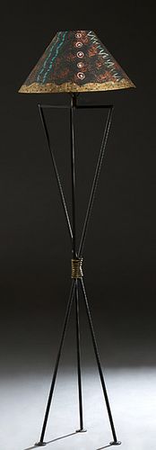 Mario Villa (1953-2021, Nicaragua/New Orleans), Ebonized Steel and Brass Tripodal Floor Lamp, 20th c., on cylindrical legs with disc feet, with a hand