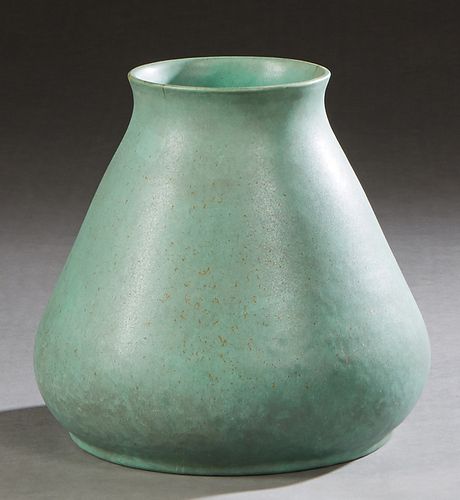 Teco Pottery Green Glazed Ceramic Baluster Vase, early 20th c., of tapered form, with an impressed mark on the underside, H.- 9 1/4 in., Dia.- 10 1/2 