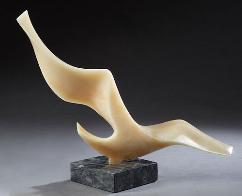 Leonardo Nierman (1932-, Mexican), "Bird in Flight," white marble sculpture, on a figured square gray marble base, H.- 16 in., W.- 31 3/4 in., D.- 8 i