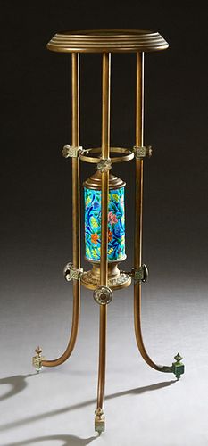 Aesthetic Movement Longwy Porcelain and Brass Plant Stand, possibly Bradley & Hubbard or Ansonia, the circular brass top with a stepped graduated bord