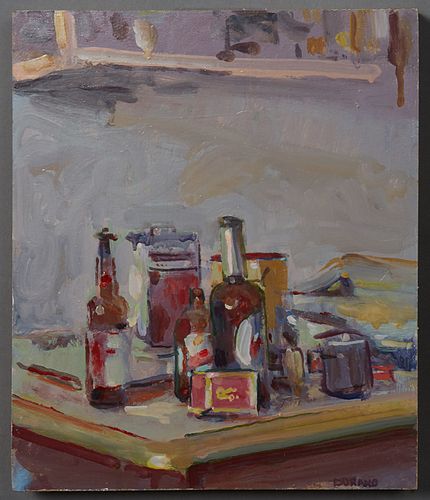 Robin Durand (Hawaiian/New Orleans), "Still Life with Red Labels," c. 2001, oil on panel, signed lower right, titled verso on a Cole Pratt Gallery lab